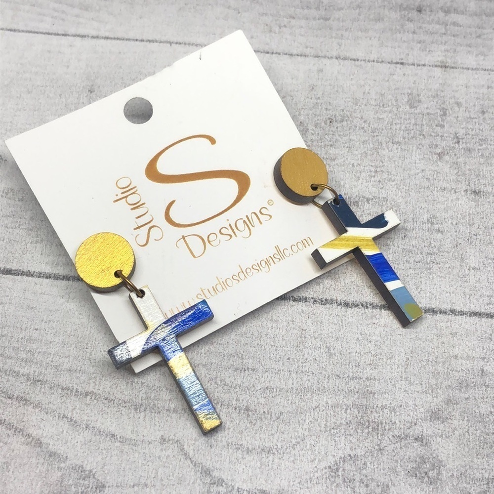 Artisan handmade wooden cross dangle drop earrings statement lightweight.